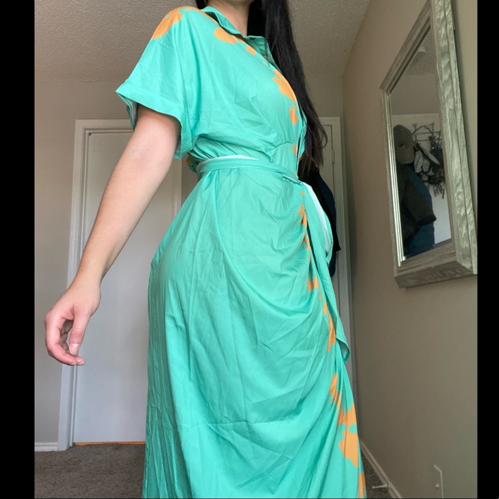 Mint contemporary maxi dress with orange accents. - Picture 8 of 16